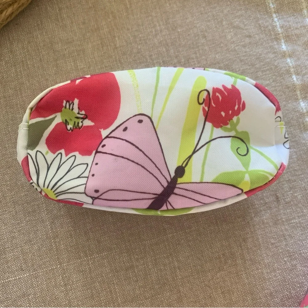 Clinique Cosmetic Makeup Bag Flowers Butterflies Train Case w Handle + Small Bag
